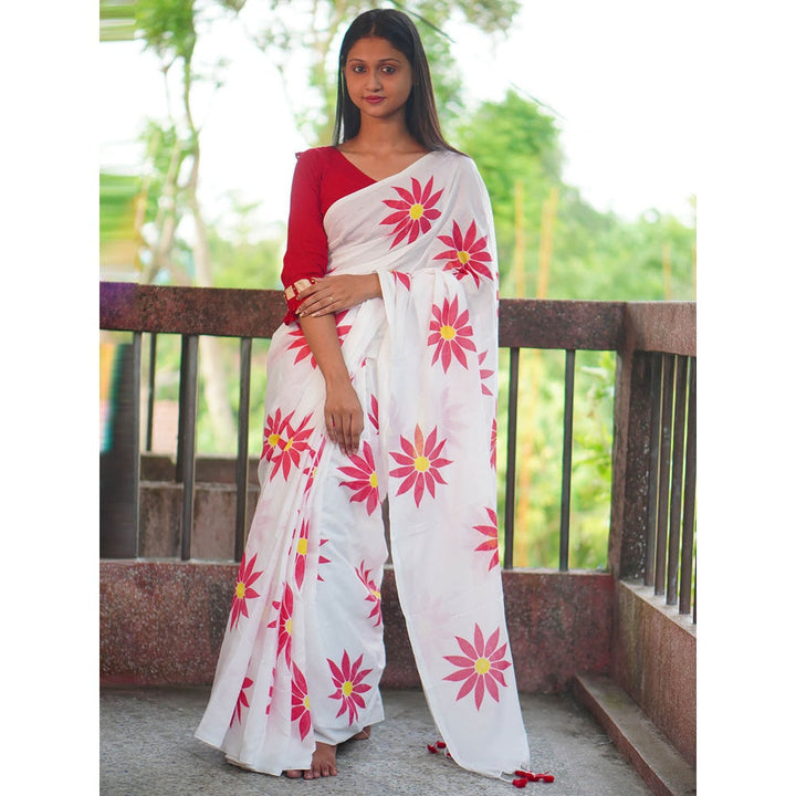 Odette Womens White Printed Cotton Saree with Unstitched Blouse