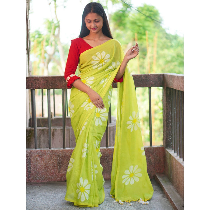 Odette Womens Yellow Printed Cotton Saree with Unstitched Blouse