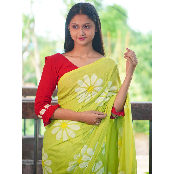 Odette Womens Yellow Printed Cotton Saree with Unstitched Blouse