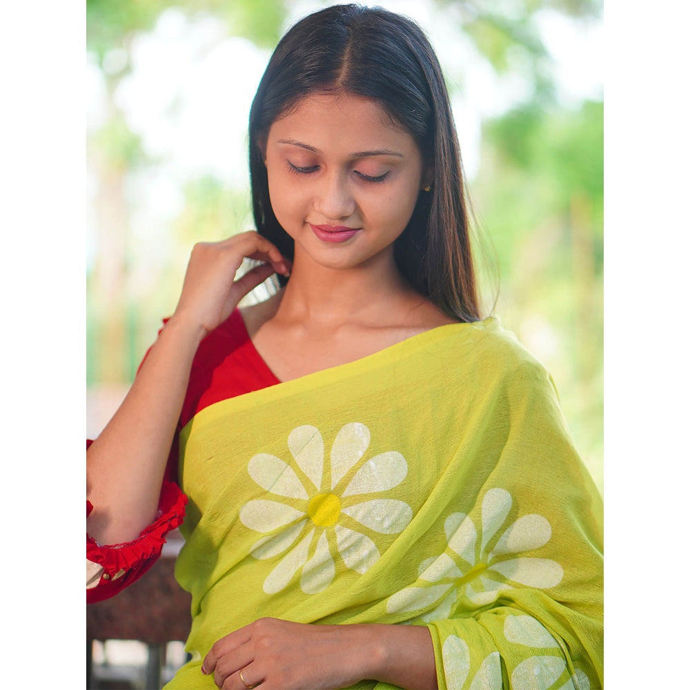 Odette Womens Yellow Printed Cotton Saree with Unstitched Blouse