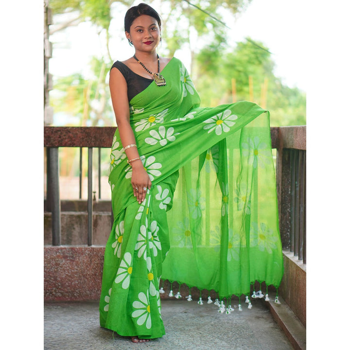 Odette Womens Green Printed Cotton Saree with Unstitched Blouse