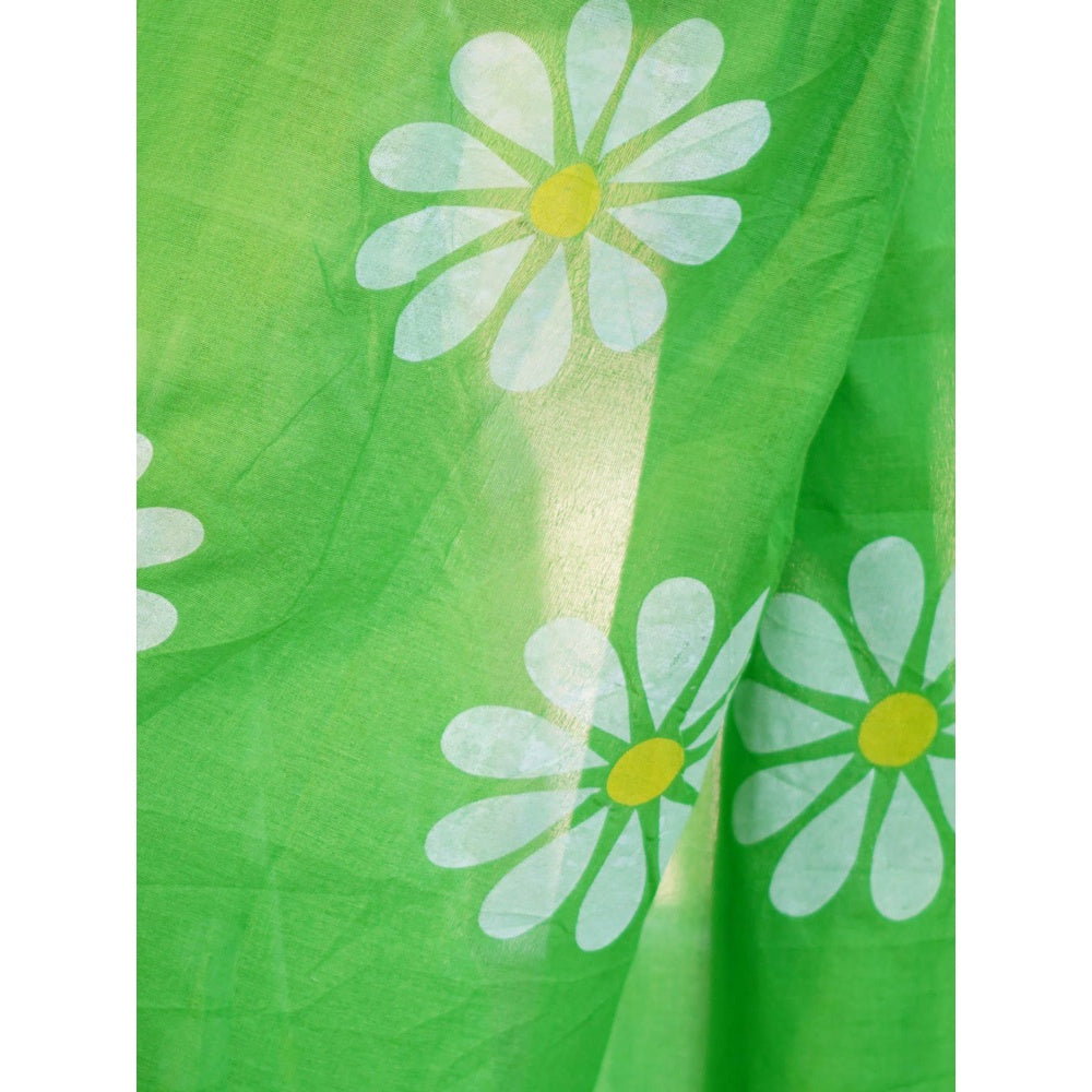 Odette Womens Green Printed Cotton Saree with Unstitched Blouse