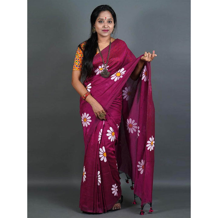 Odette Womens Wine Printed Cotton Saree with Unstitched Blouse