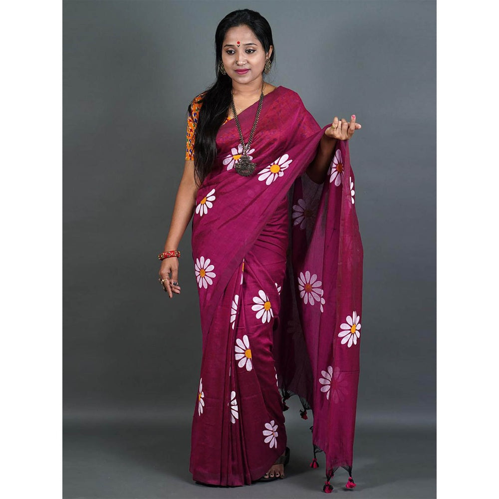 Odette Womens Wine Printed Cotton Saree with Unstitched Blouse