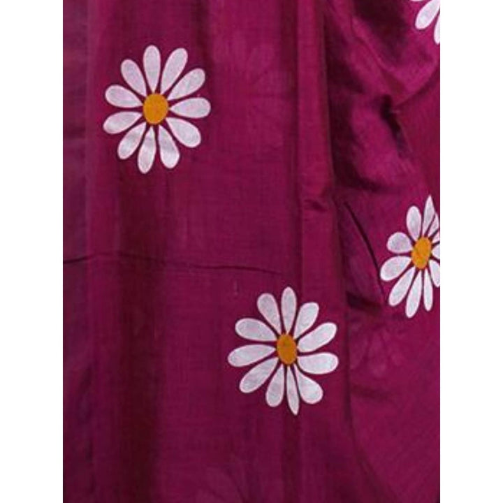 Odette Womens Wine Printed Cotton Saree with Unstitched Blouse