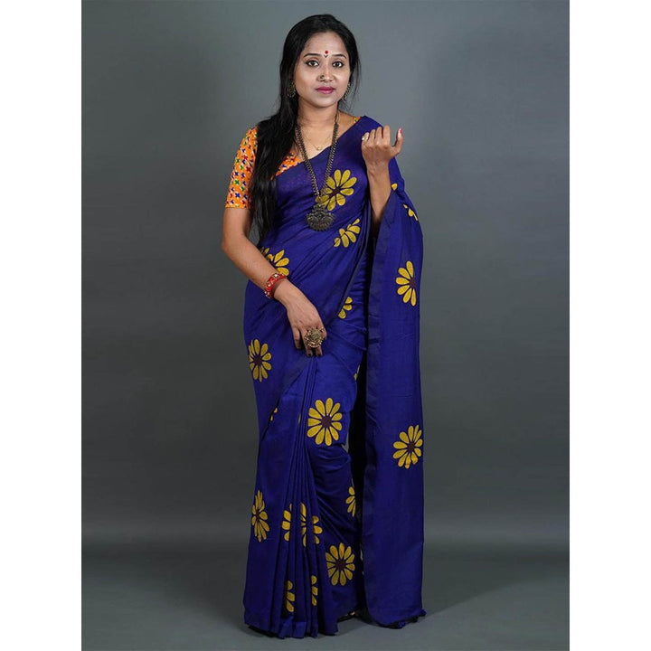 Odette Womens Blue Printed Cotton Saree with Unstitched Blouse