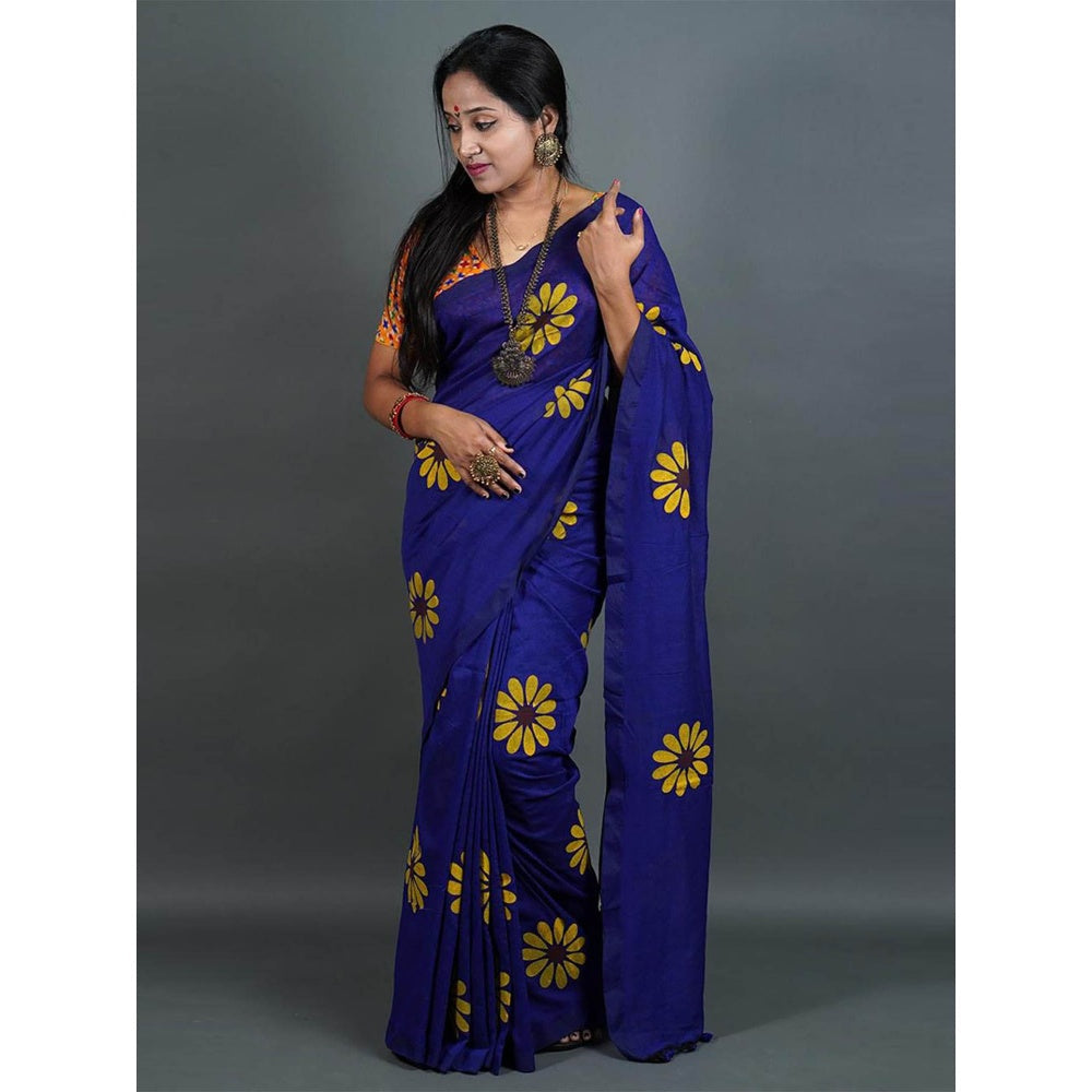 Odette Womens Blue Printed Cotton Saree with Unstitched Blouse