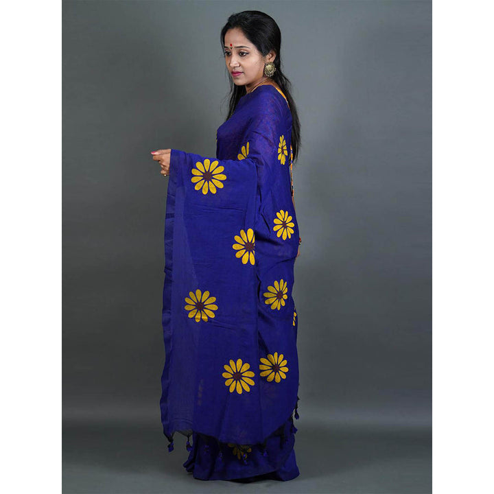 Odette Womens Blue Printed Cotton Saree with Unstitched Blouse