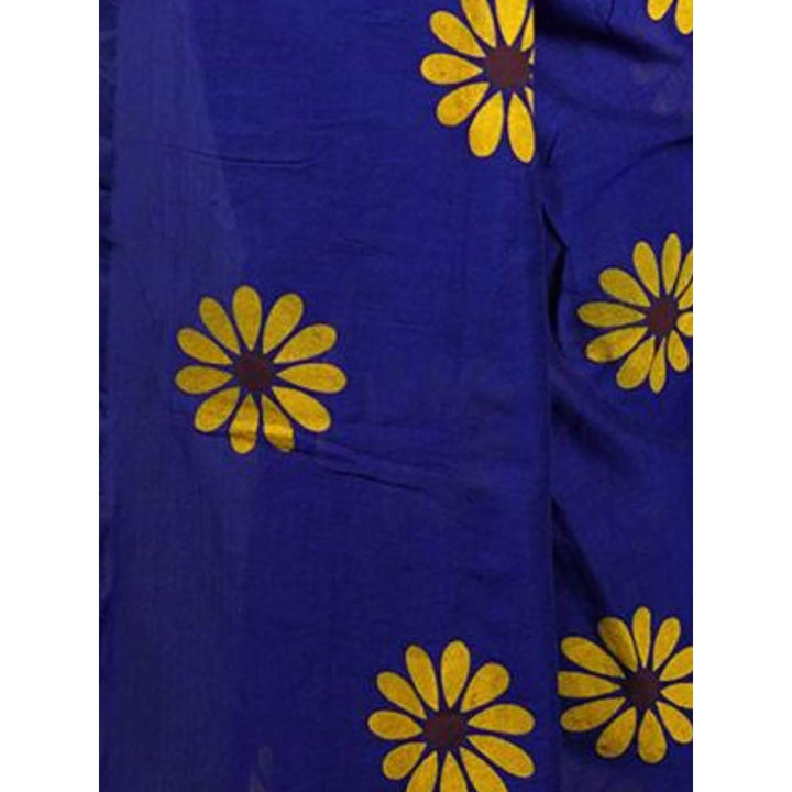 Odette Womens Blue Printed Cotton Saree with Unstitched Blouse