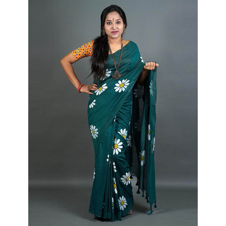 Odette Womens Teal Printed Cotton Saree with Unstitched Blouse