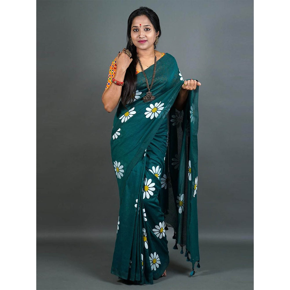 Odette Womens Teal Printed Cotton Saree with Unstitched Blouse