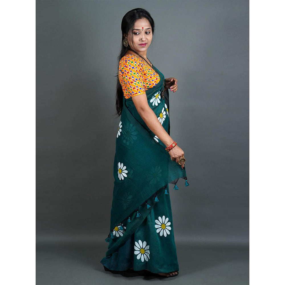 Odette Womens Teal Printed Cotton Saree with Unstitched Blouse