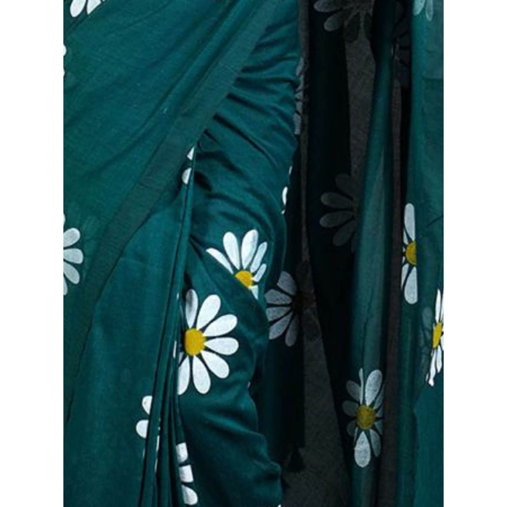 Odette Womens Teal Printed Cotton Saree with Unstitched Blouse