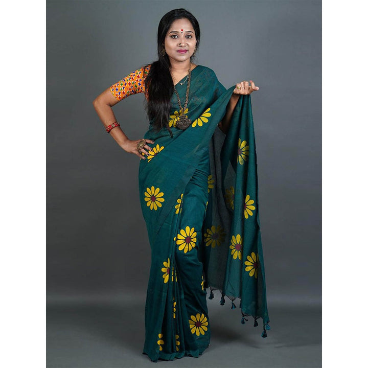 Odette Womens Green Printed Cotton Saree with Unstitched Blouse