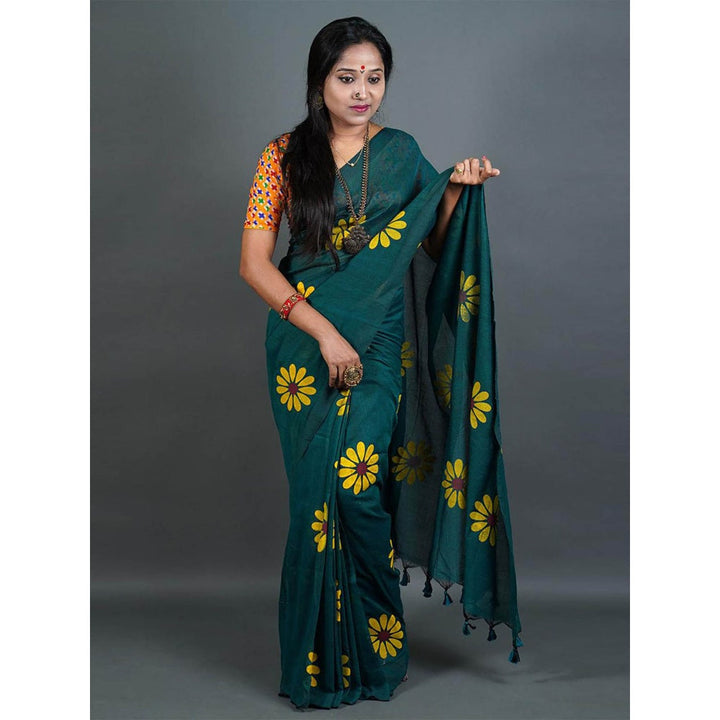 Odette Womens Green Printed Cotton Saree with Unstitched Blouse