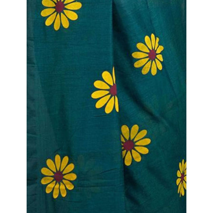 Odette Womens Green Printed Cotton Saree with Unstitched Blouse