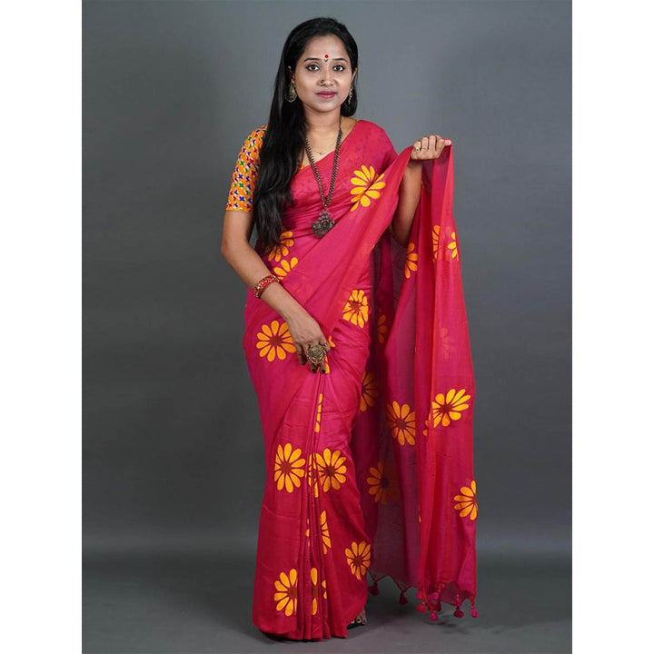 Odette Womens Pink Printed Cotton Saree with Unstitched Blouse