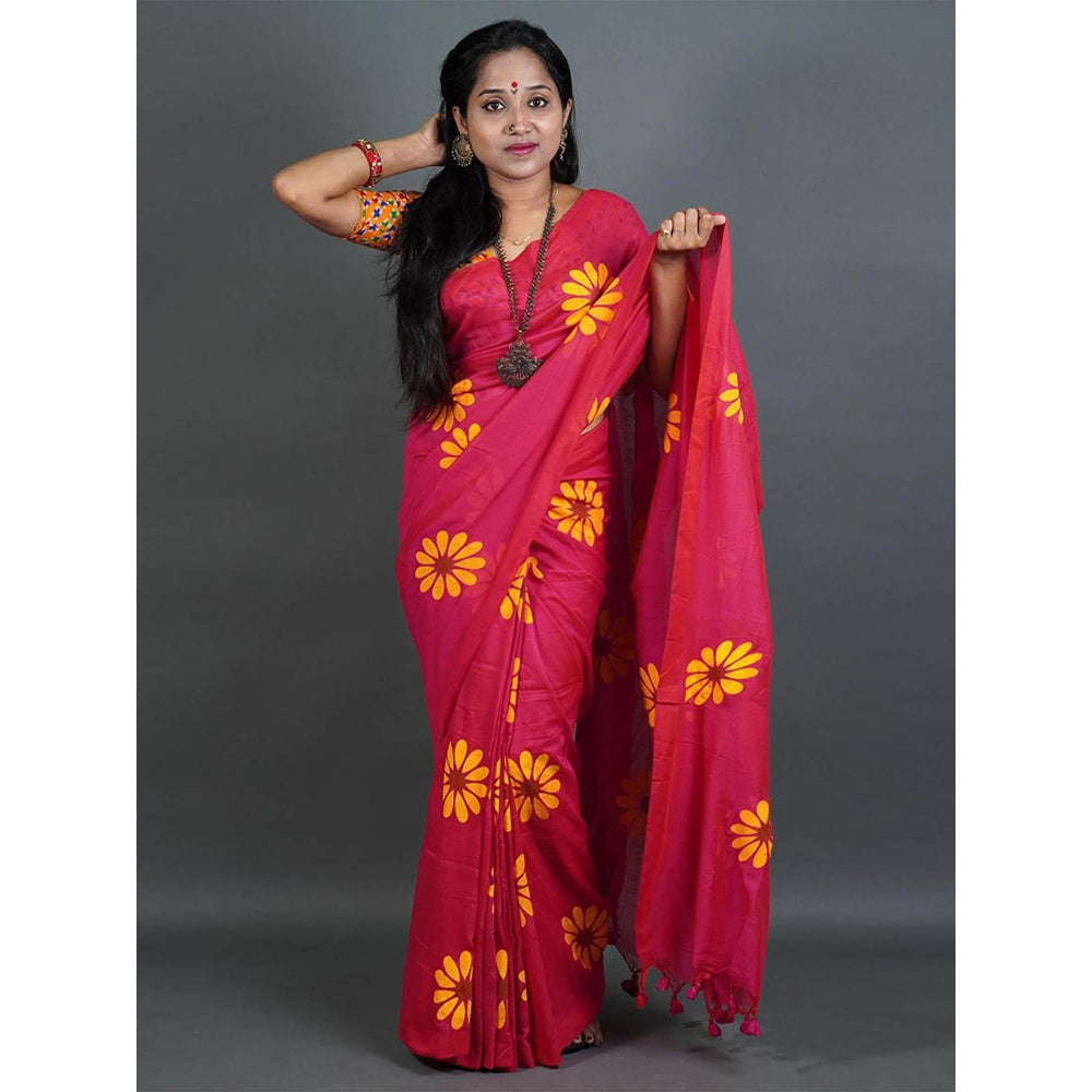 Odette Womens Pink Printed Cotton Saree with Unstitched Blouse