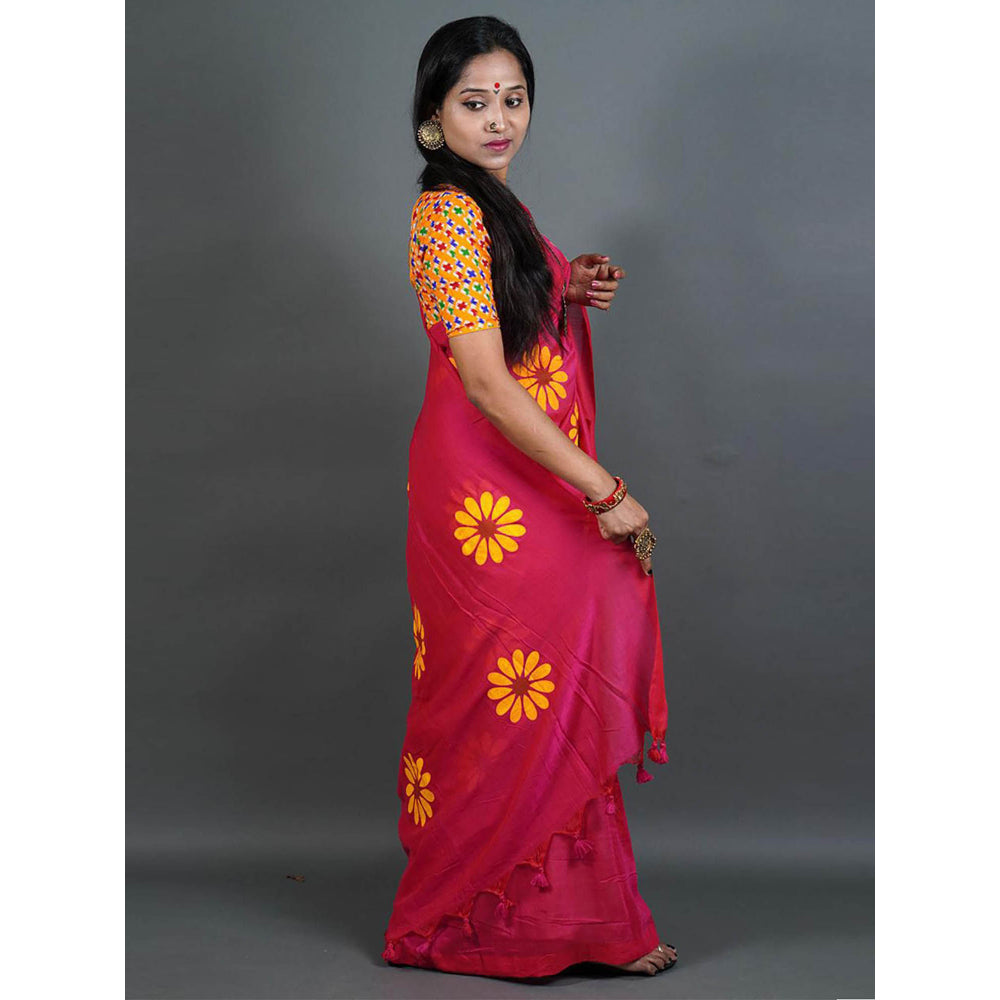 Odette Womens Pink Printed Cotton Saree with Unstitched Blouse