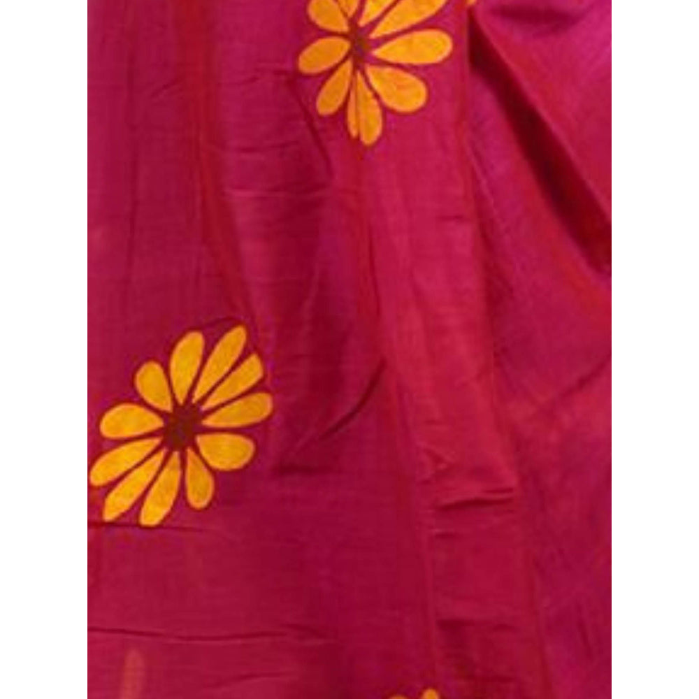 Odette Womens Pink Printed Cotton Saree with Unstitched Blouse