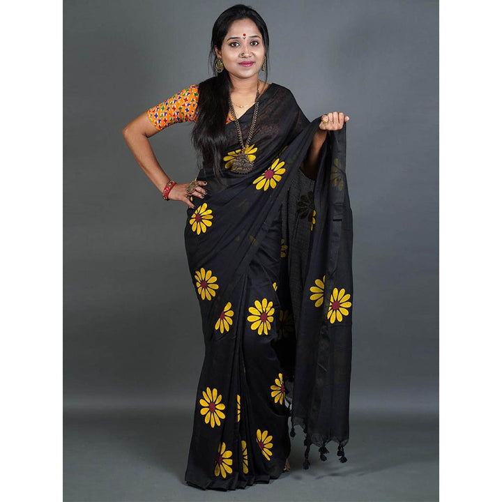 Odette Womens Black Printed Cotton Saree with Unstitched Blouse