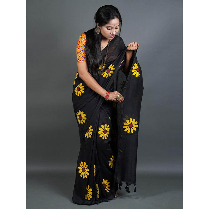 Odette Womens Black Printed Cotton Saree with Unstitched Blouse