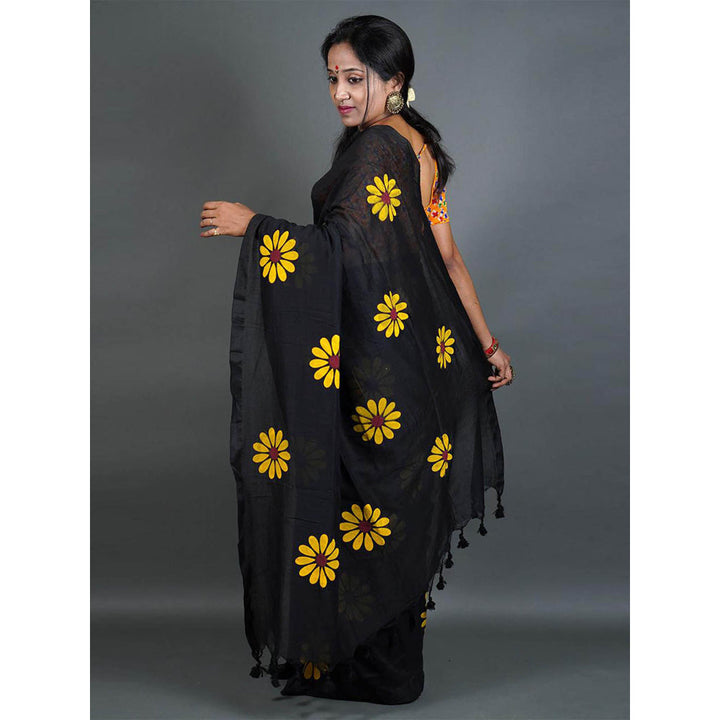 Odette Womens Black Printed Cotton Saree with Unstitched Blouse