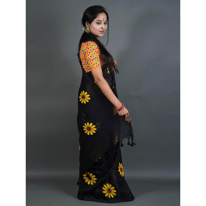 Odette Womens Black Printed Cotton Saree with Unstitched Blouse