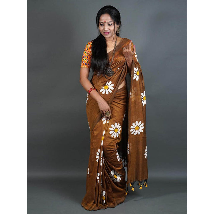 Odette Womens Brown Printed Cotton Saree with Unstitched Blouse