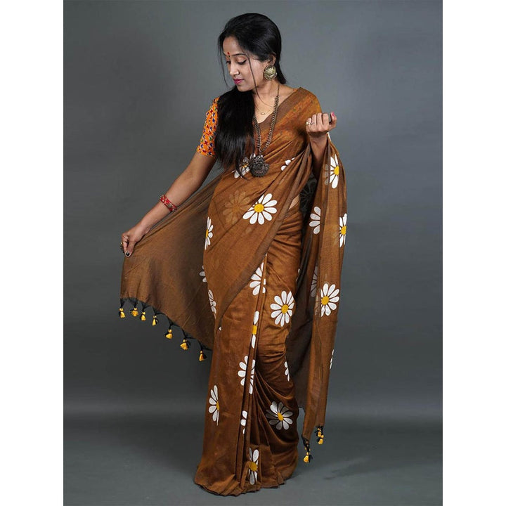 Odette Womens Brown Printed Cotton Saree with Unstitched Blouse