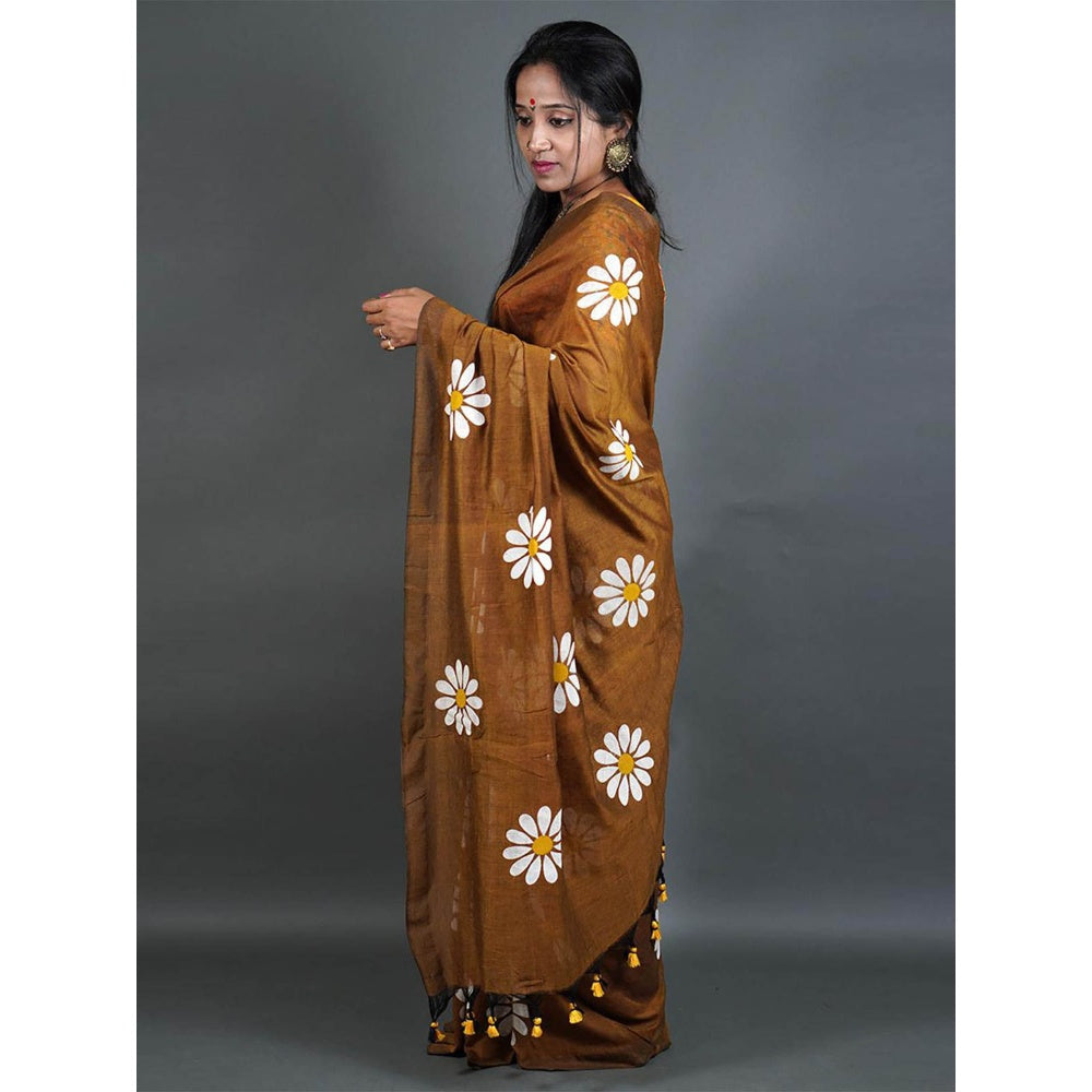 Odette Womens Brown Printed Cotton Saree with Unstitched Blouse