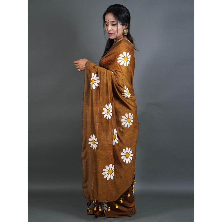 Odette Womens Brown Printed Cotton Saree with Unstitched Blouse