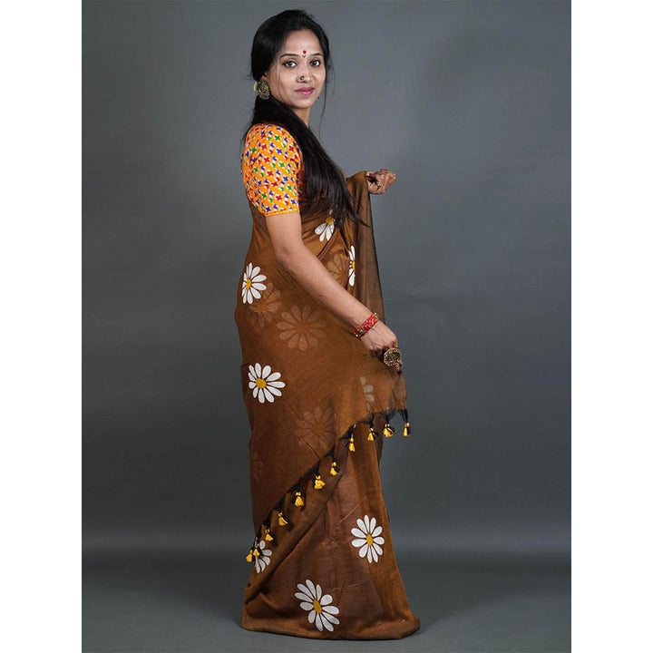 Odette Womens Brown Printed Cotton Saree with Unstitched Blouse