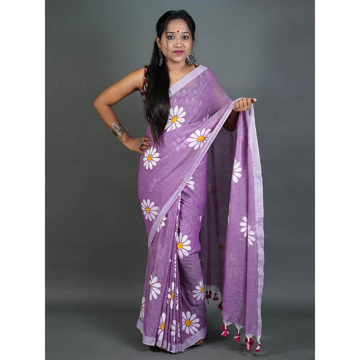 Odette Womens Mauve Printed Cotton Saree with Unstitched Blouse