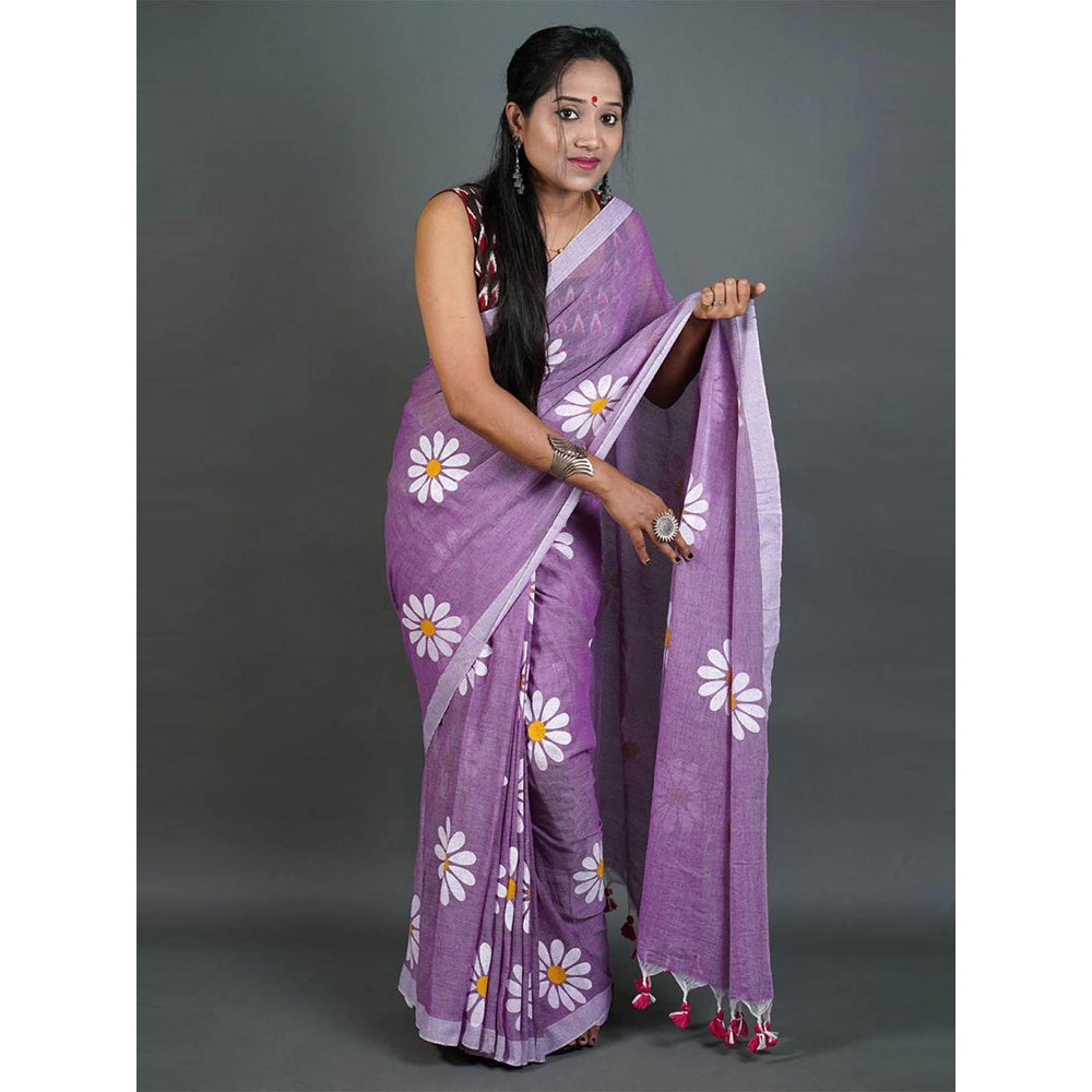 Odette Womens Mauve Printed Cotton Saree with Unstitched Blouse