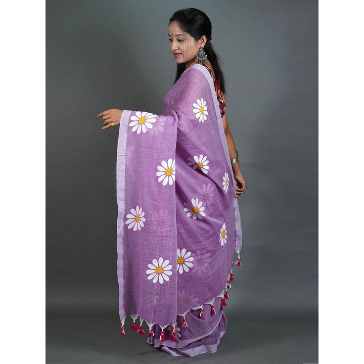 Odette Womens Mauve Printed Cotton Saree with Unstitched Blouse