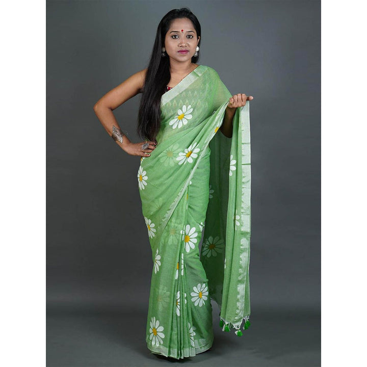 Odette Womens Pista Green Printed Cotton Saree with Unstitched Blouse