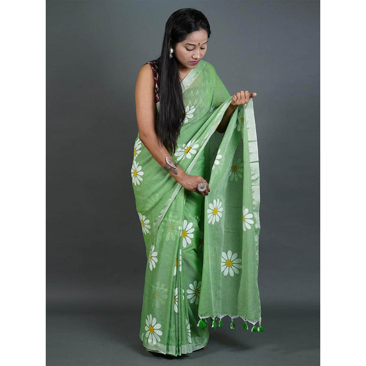 Odette Womens Pista Green Printed Cotton Saree with Unstitched Blouse