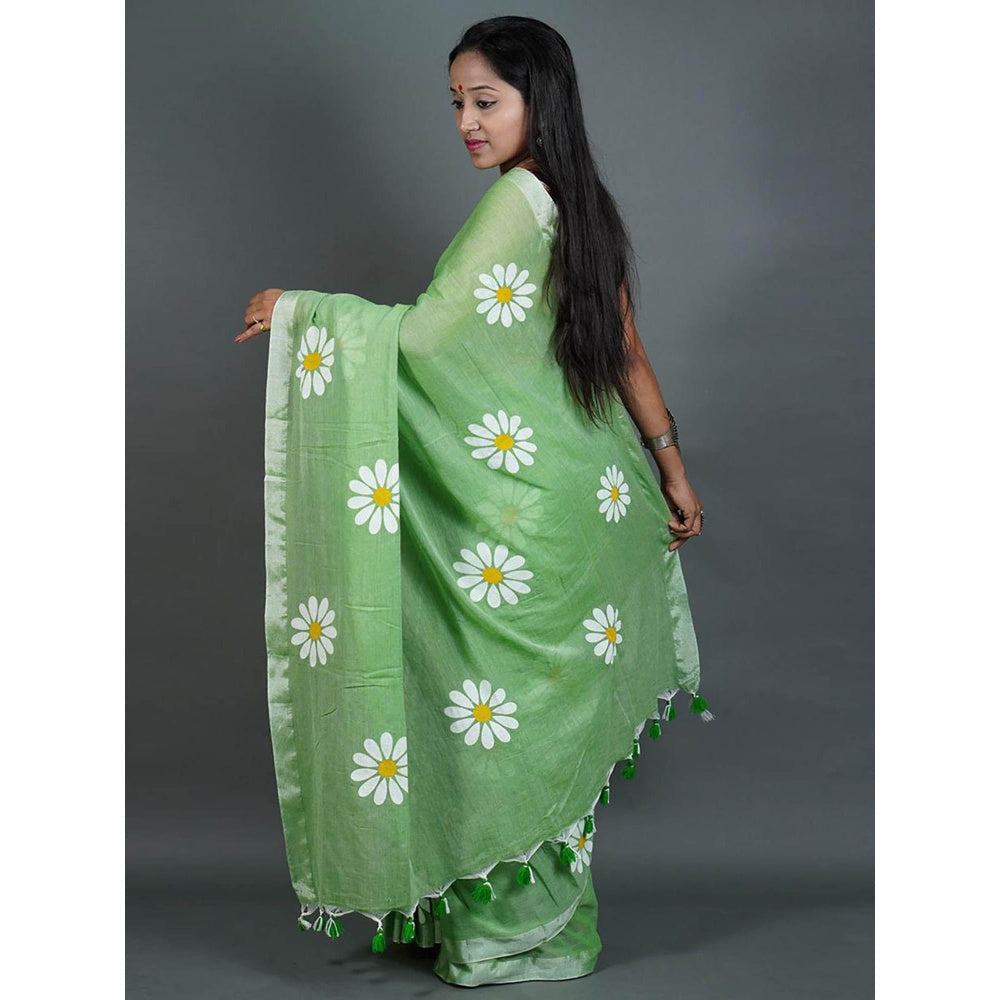 Odette Womens Pista Green Printed Cotton Saree with Unstitched Blouse