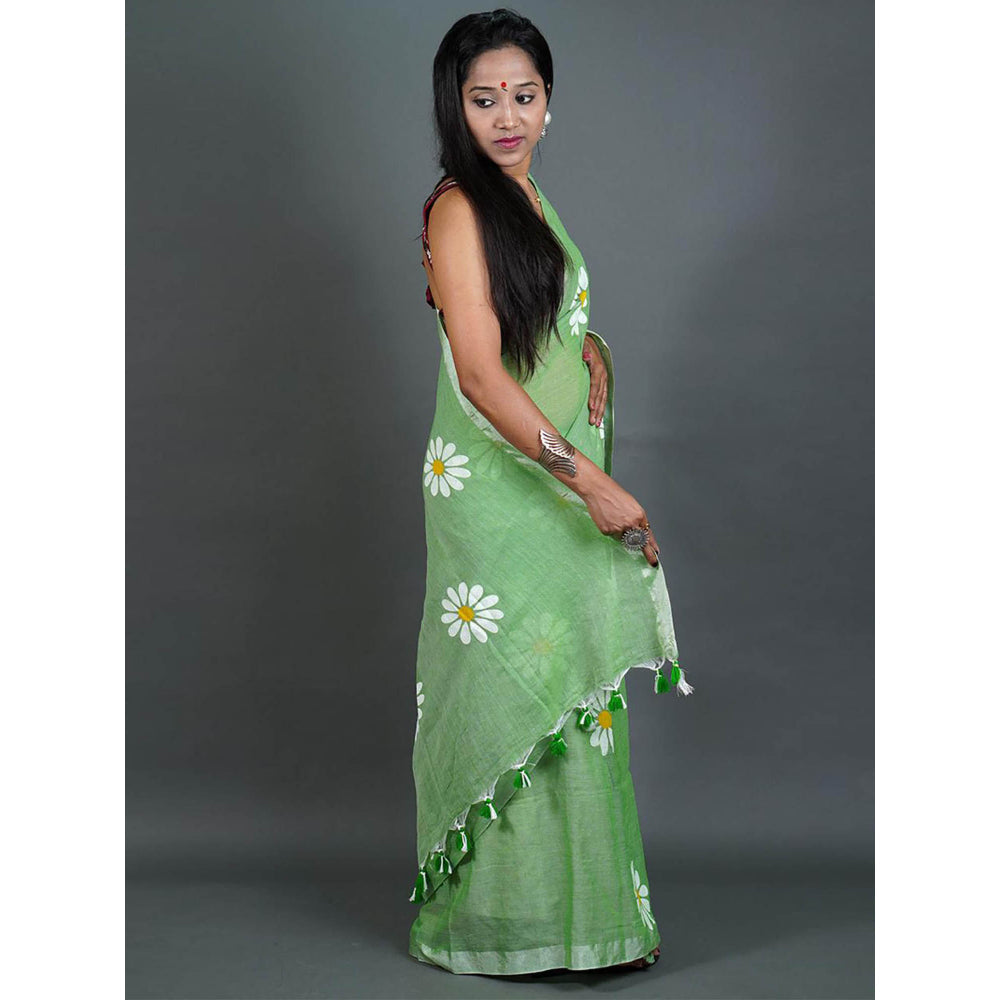 Odette Womens Pista Green Printed Cotton Saree with Unstitched Blouse