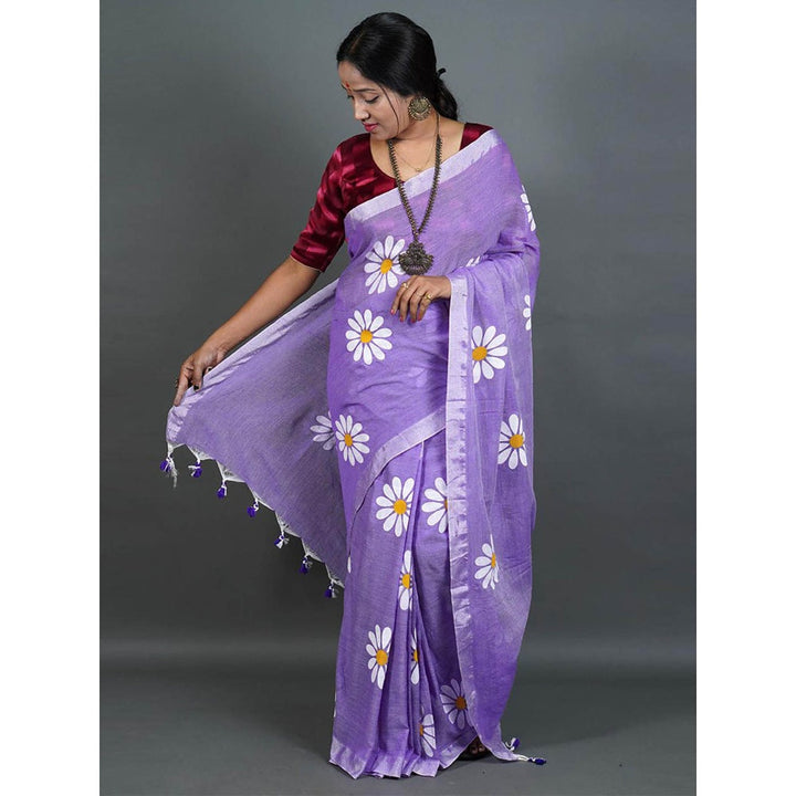 Odette Womens Lavender Printed Cotton Saree with Unstitched Blouse