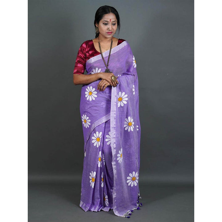 Odette Womens Lavender Printed Cotton Saree with Unstitched Blouse