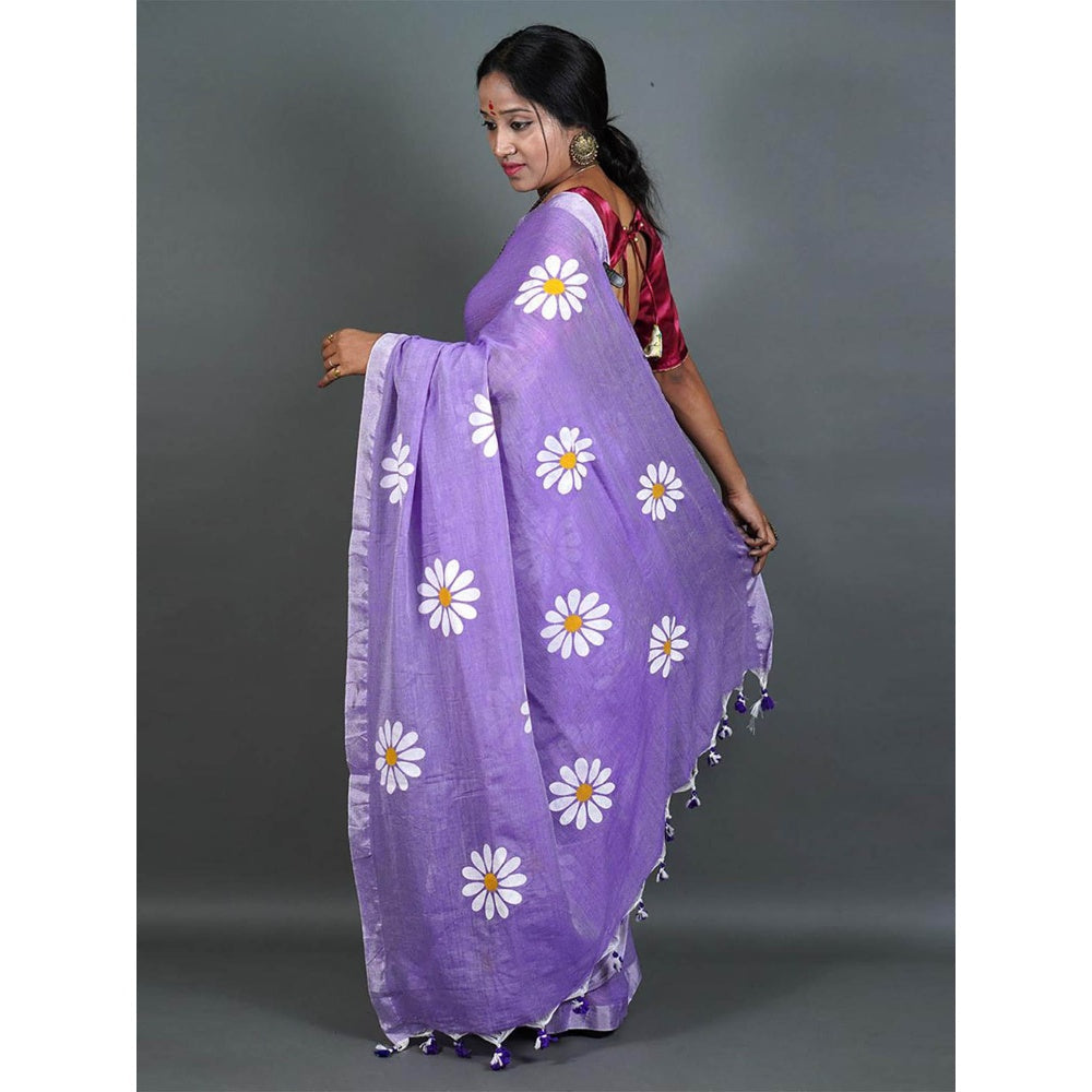 Odette Womens Lavender Printed Cotton Saree with Unstitched Blouse