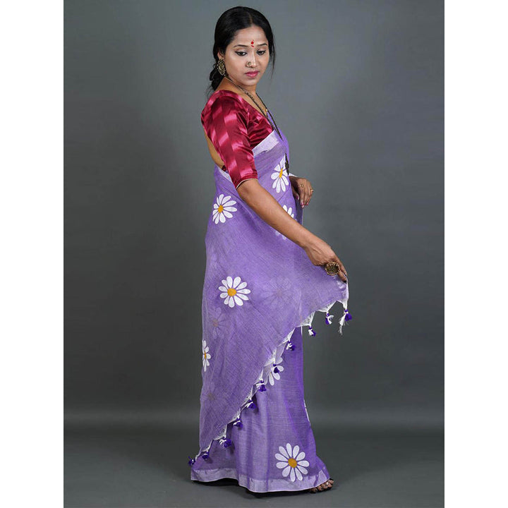 Odette Womens Lavender Printed Cotton Saree with Unstitched Blouse