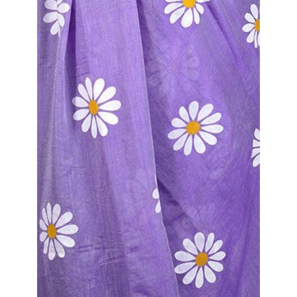 Odette Womens Lavender Printed Cotton Saree with Unstitched Blouse