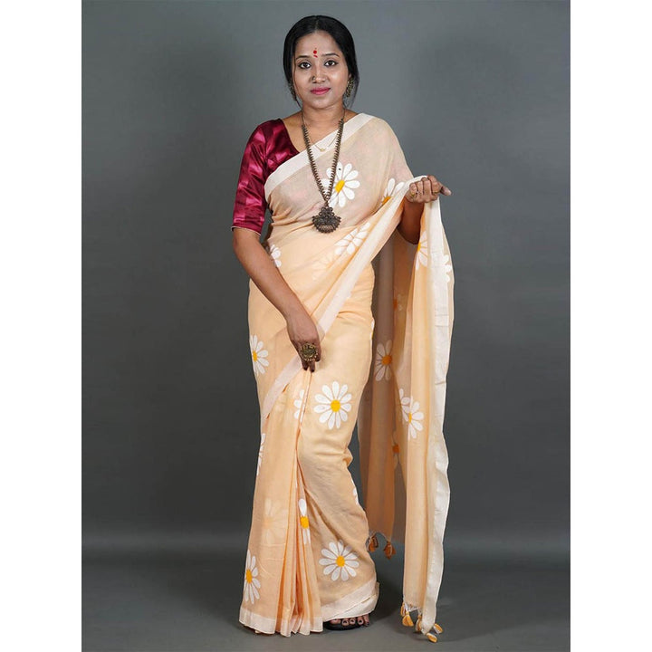 Odette Womens Peach Printed Cotton Saree with Unstitched Blouse