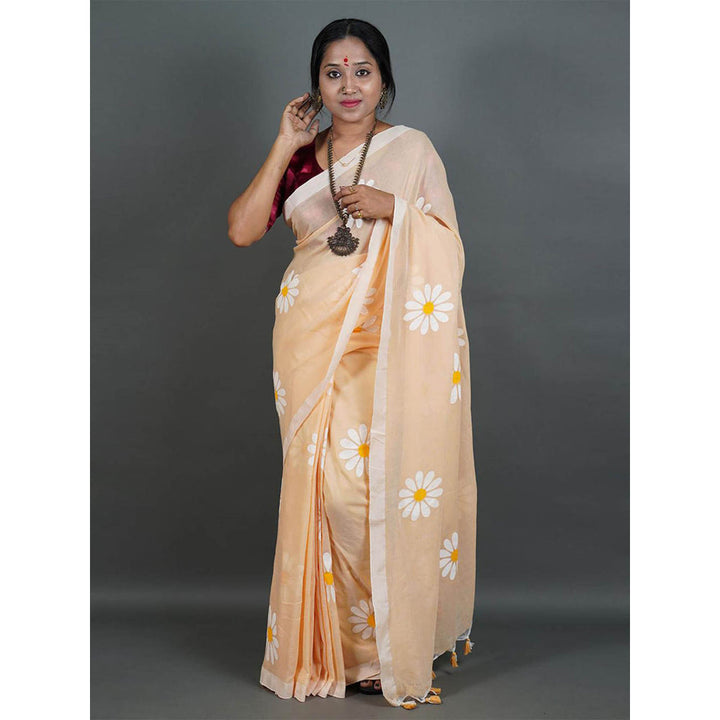 Odette Womens Peach Printed Cotton Saree with Unstitched Blouse