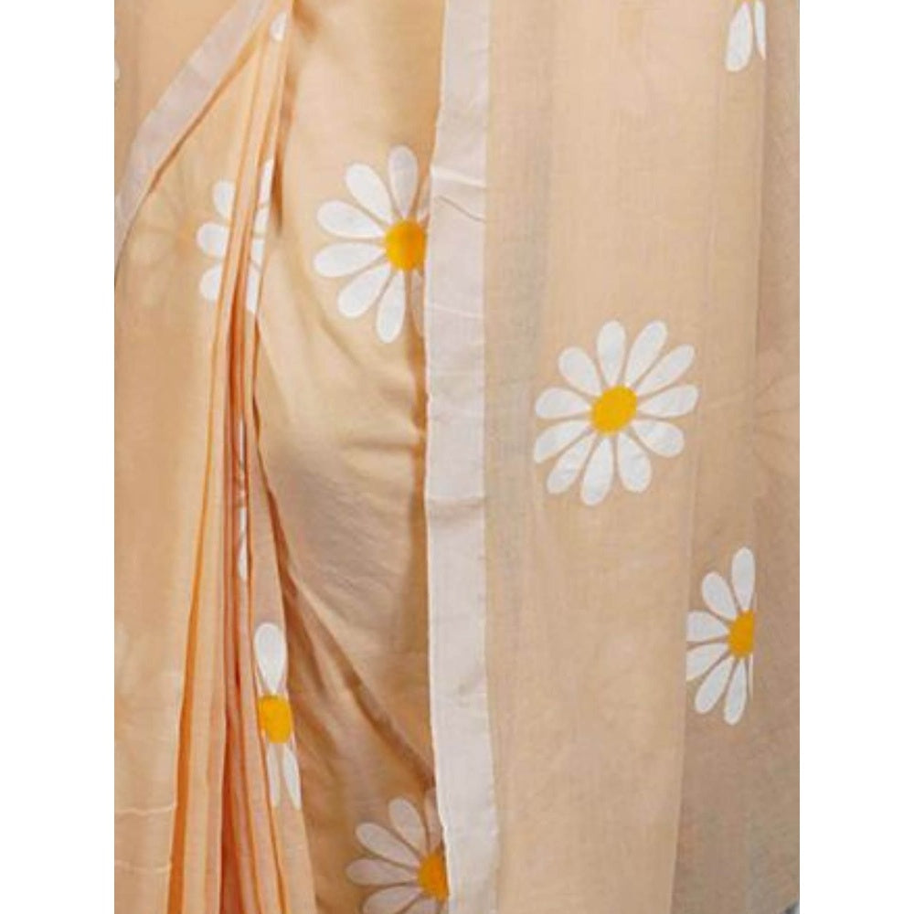 Odette Womens Peach Printed Cotton Saree with Unstitched Blouse