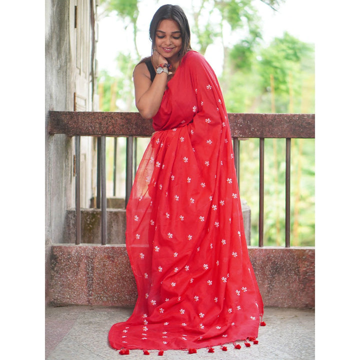 Odette Womens Red Embroidered Cotton Saree with Unstitched Blouse