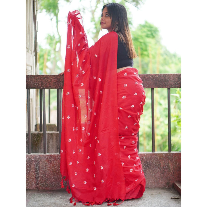 Odette Womens Red Embroidered Cotton Saree with Unstitched Blouse